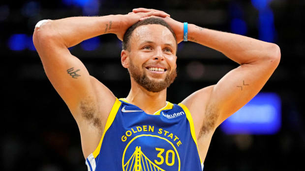 Golden State Warriors guard Stephen Curry (30) reacts during the fourth quarter against the Boston Celtics in game six of the 2022 NBA Finals.